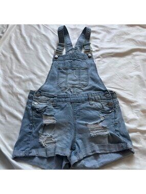 Blue Spice Y2K Distressed Denim Shortalls Ripped Overalls Size 9